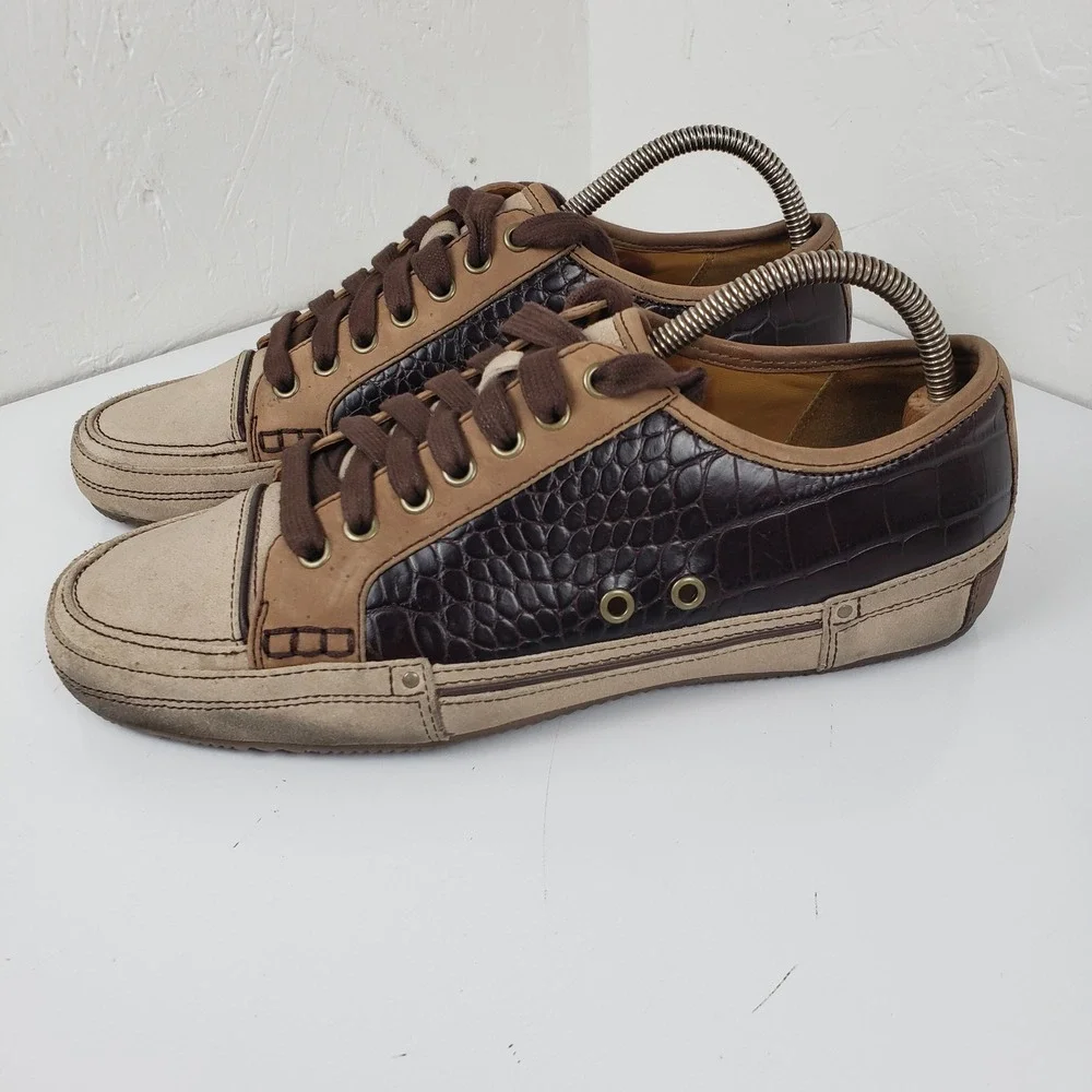 Cole Haan Men's 9 Brown Croc Embossed Leather‎ Suede Low Top Sneakers Shoes